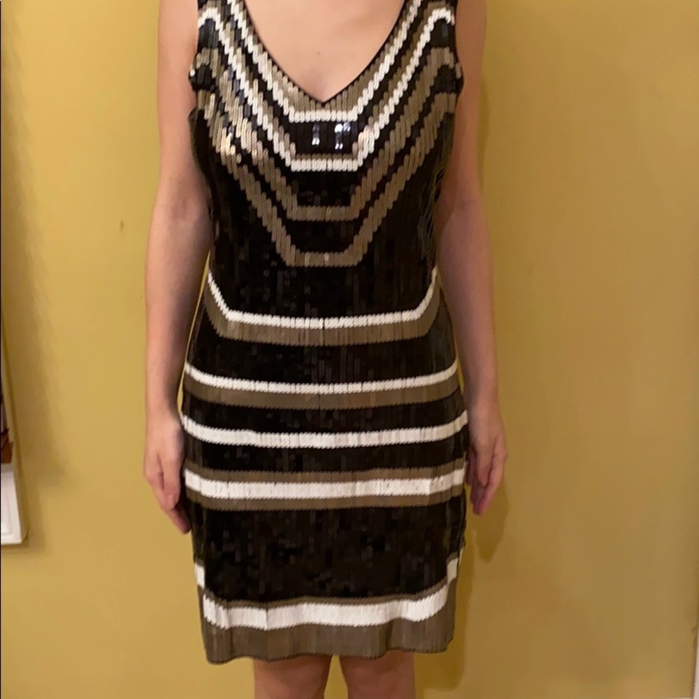 Black and Gold striped sequin dress with mesh back
